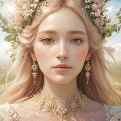 Ethereal Goddess Portrait Surrounded by Flowers in Golden Li...