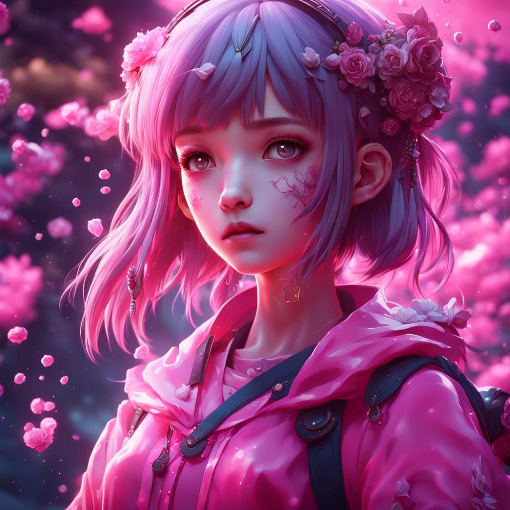 Anime Girl in Pink: Detailed Matte Painting