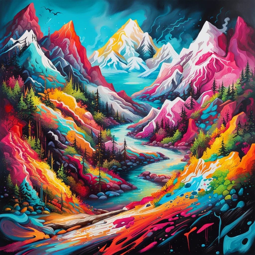 Colorful Graffiti Art of Mountain Scenery