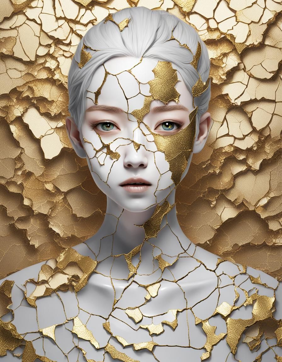 Cracked Porcelain Face with Gold Kintsugi in Anime Style