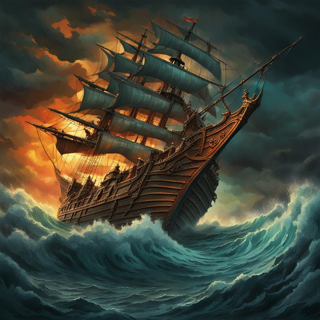 Stormy Seas: 1700s Ship in Baroque Fantasy Style