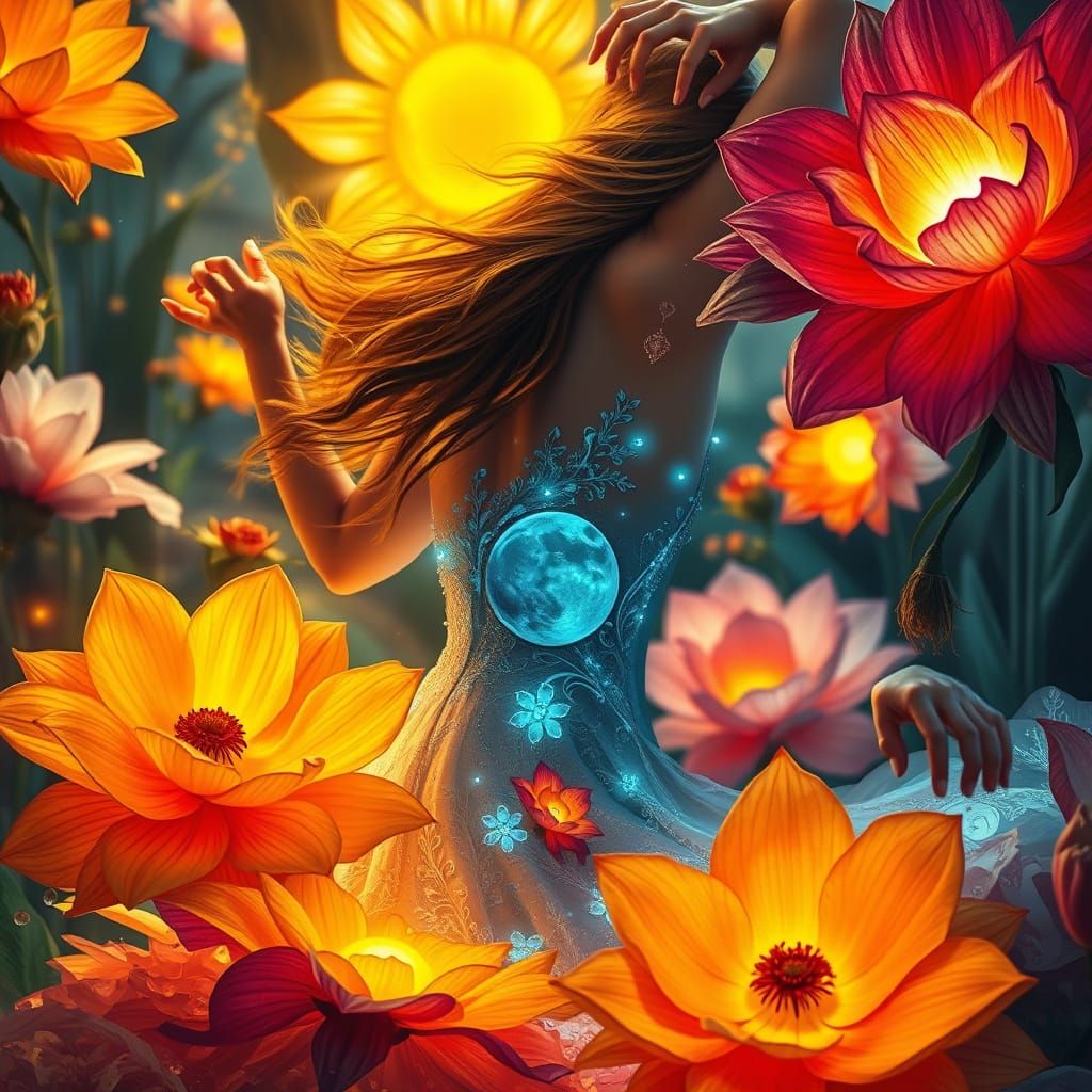 Surreal Digital Art of a Woman Dancing Among Vibrant Flowers...