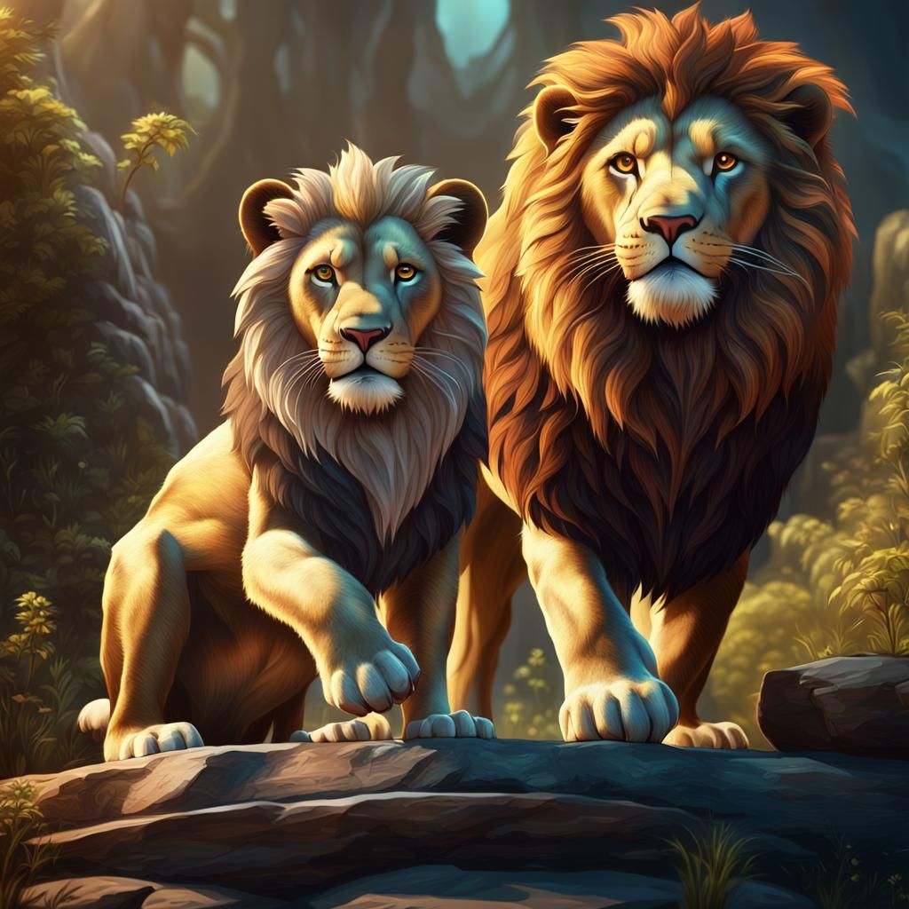 Cute Lions Playing: Detailed Fantasy Painting