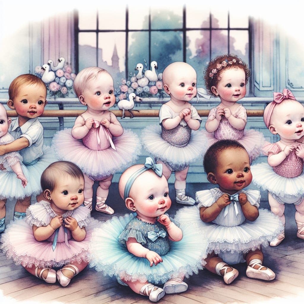 Cute Ballet Babies in Whimsical Watercolor Scene