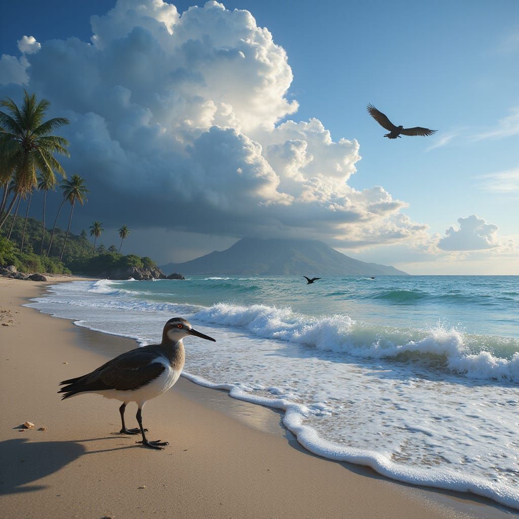 Surreal Beach Scene with Plesiosaur and Pterosaur in a Thund...