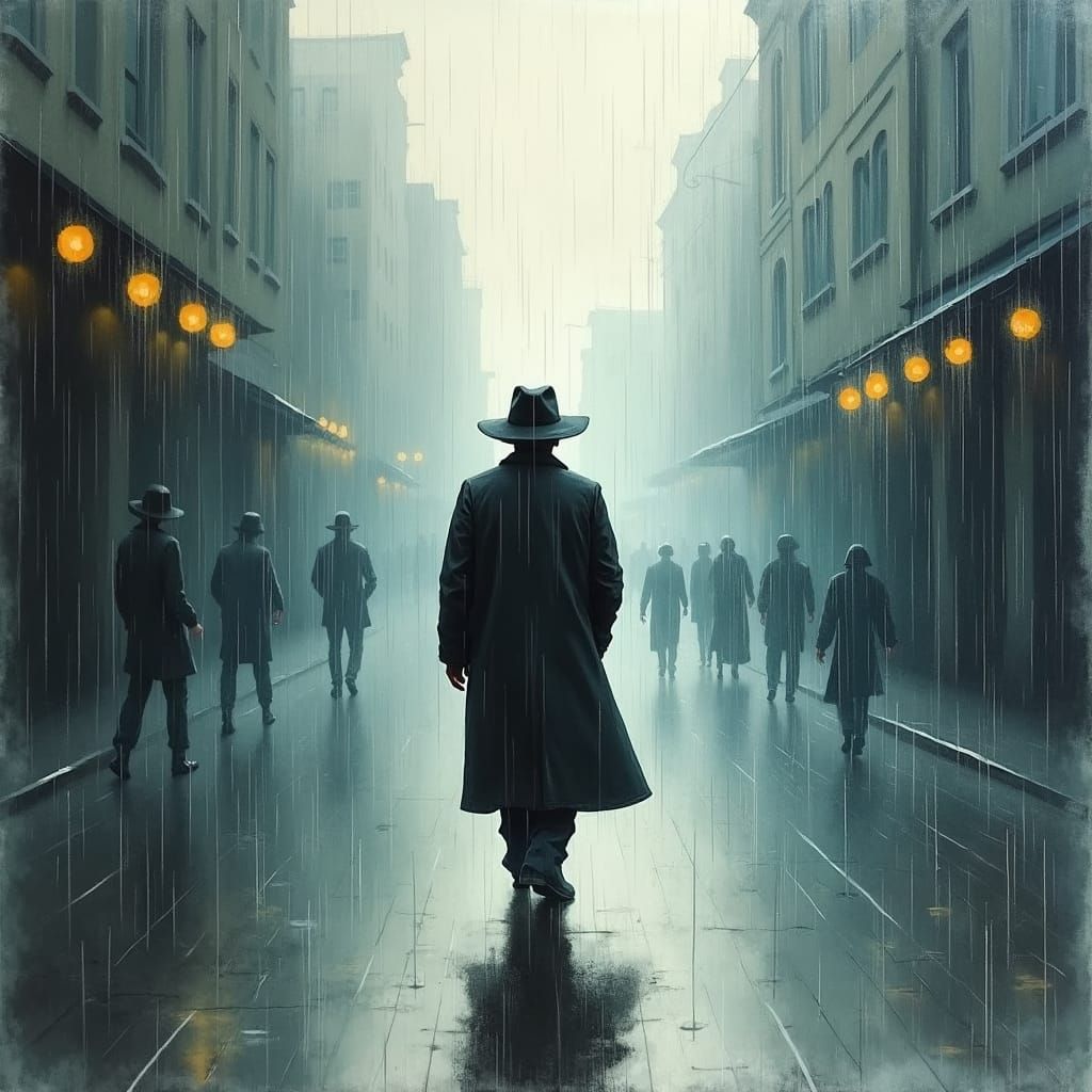 Rainy Street Scene in Gouache-Watercolor Style