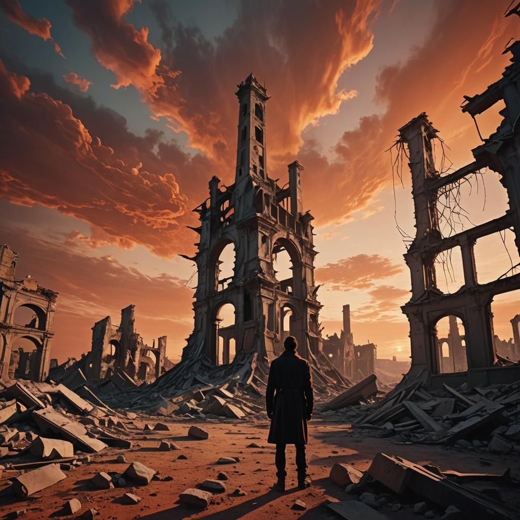 Post-Apocalyptic Surrealism: Ruins and Fiery Sunset