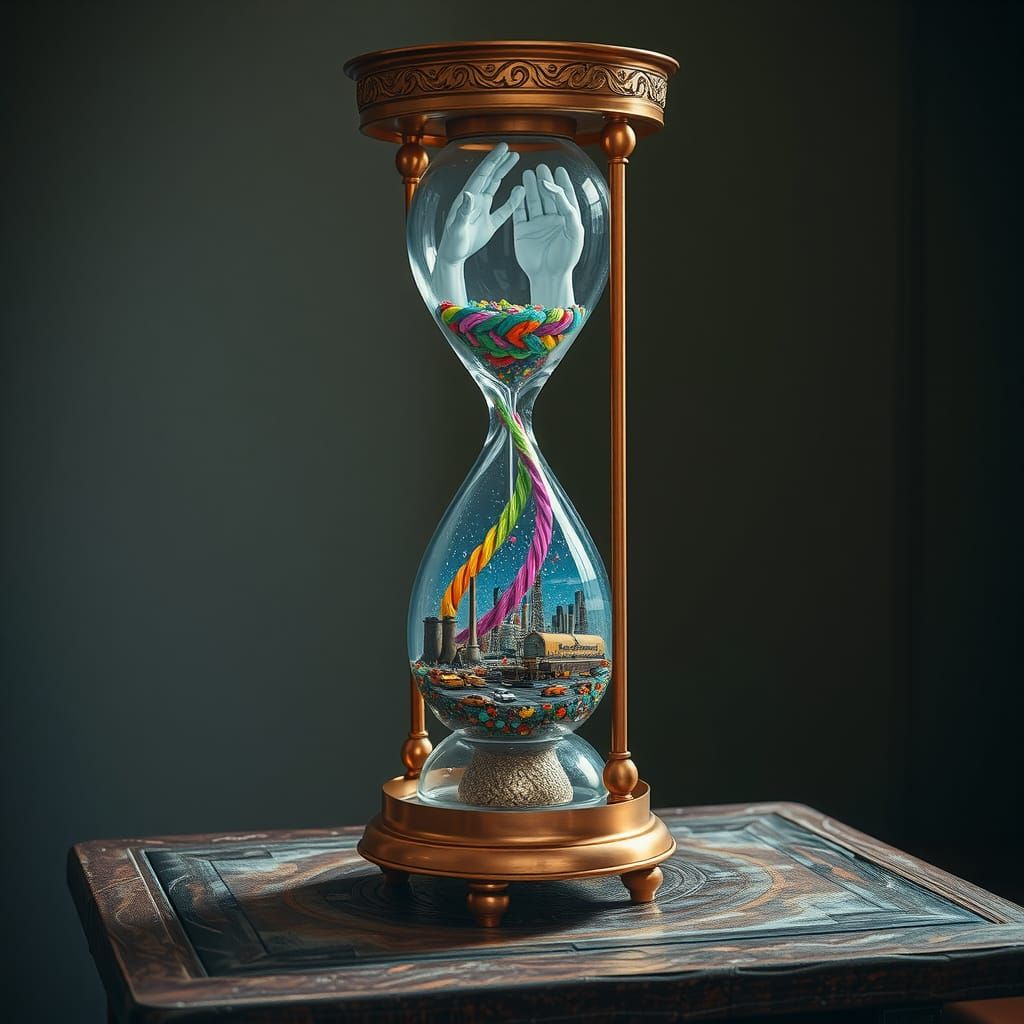 Ornate Crystal Hourglass with Thriving City
