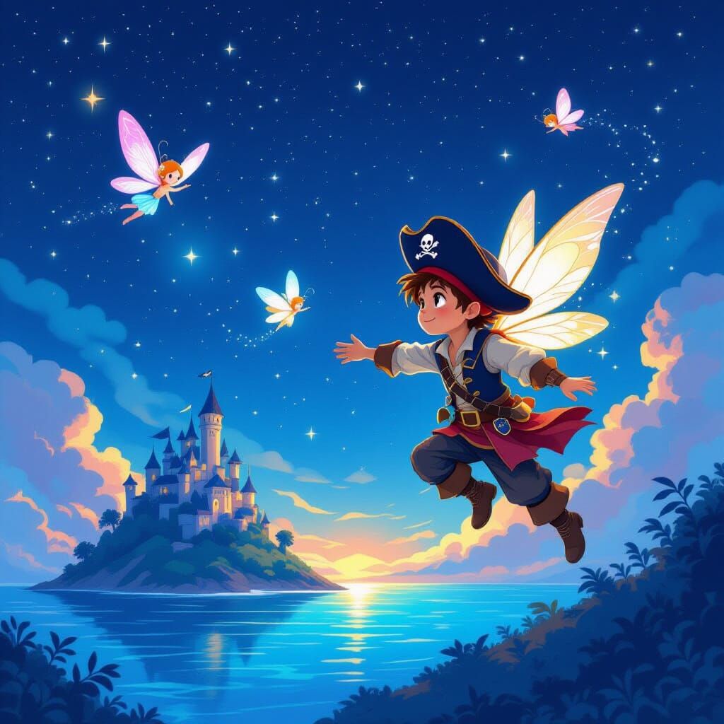 Boy Pirate and Fairies Approach Neverland