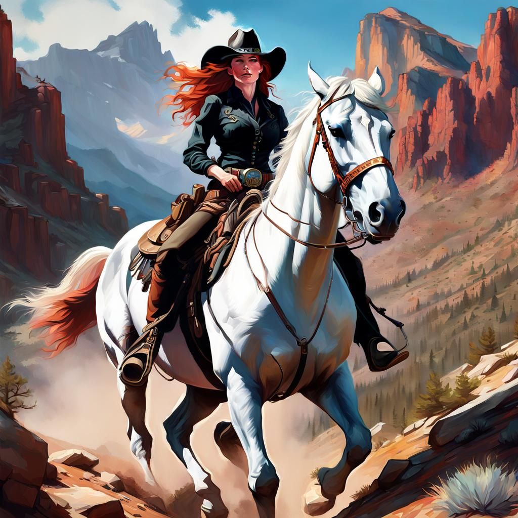 Cowgirl Gunfighter on White Horse: Detailed Oil Painting