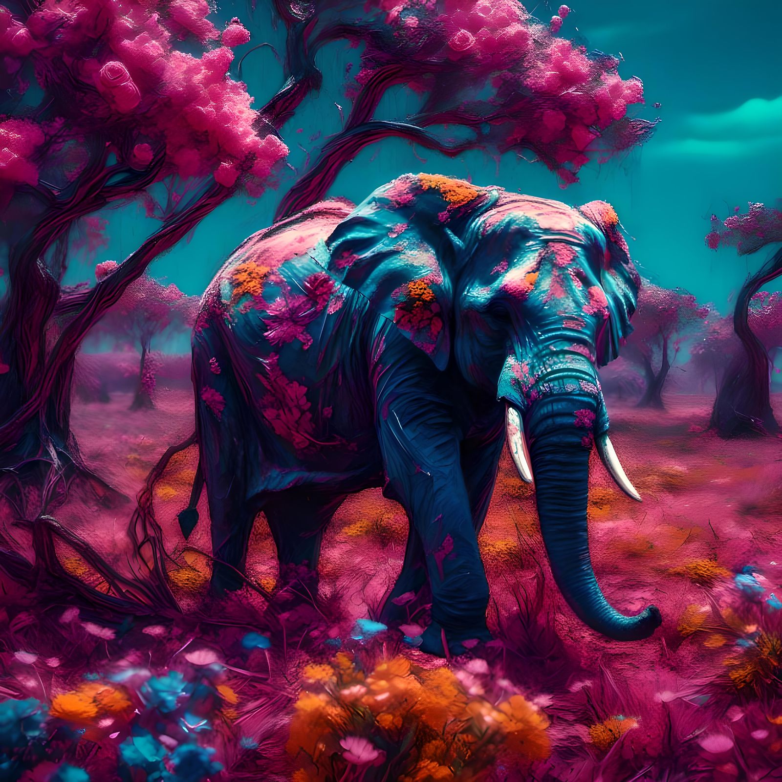 <lora:Impastoble:1.0> A beautiful elephant Neon punk intricately designed, 8K , high resolution flower Cinematic film st...