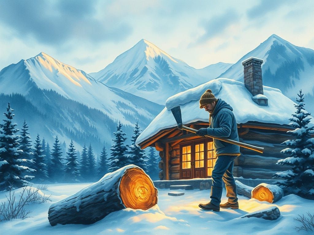 Charming Mountain Cabin Scene in Vibrant Pastel Watercolor