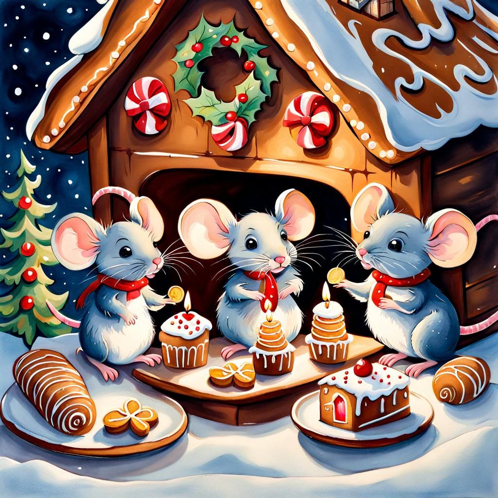 Festive Mice Celebrate Christmas in Gingerbread House