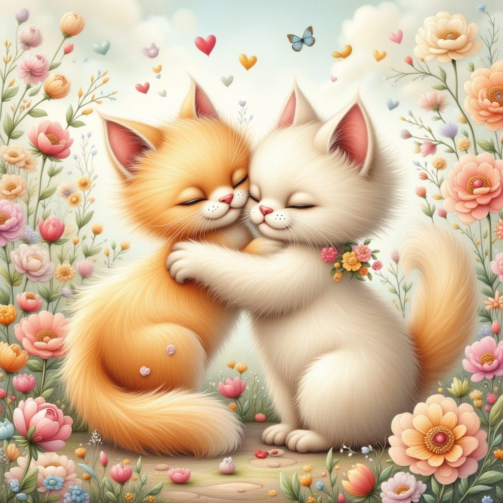 Two Fluffy Cats Cuddling in a Flower Field
