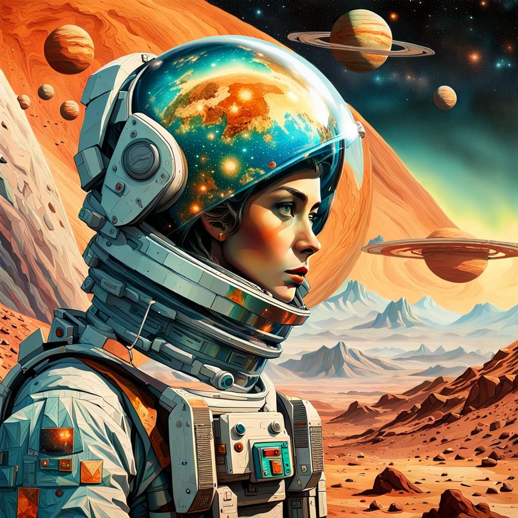 Martian Sunrise with Stardust Woman in Cubist Style