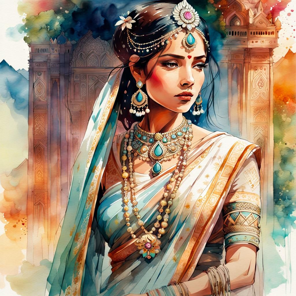 Fantasy Indian Princess Digital Watercolor Illustration