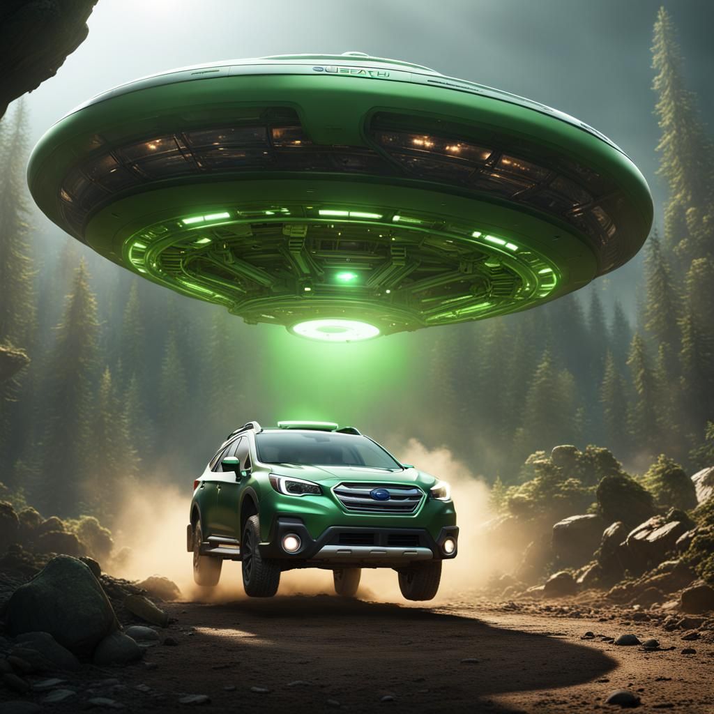 Green Subaru Abduction by Alien Spaceship: Matte Painting