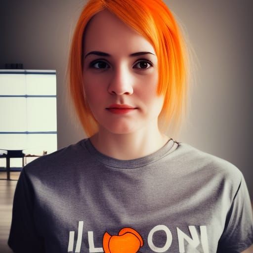 Blonde Woman in Orange Shirt, Hyperrealistic Portrait
