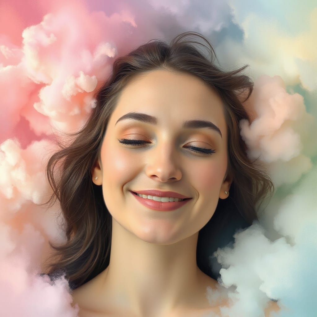 Ethereal Woman in Pastel Cloudscape Painting