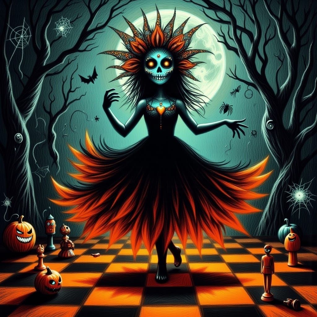 Sugar Skull Woman Dances on Halloween Chessboard