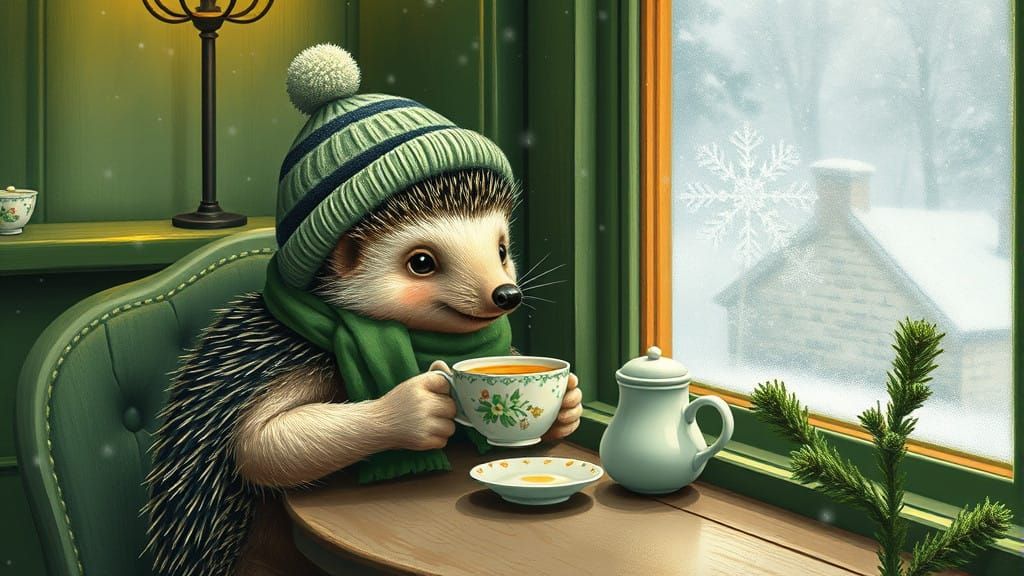 Whimsical Hedgehog Sips Tea on a Snowy Winter Morning in Bol...
