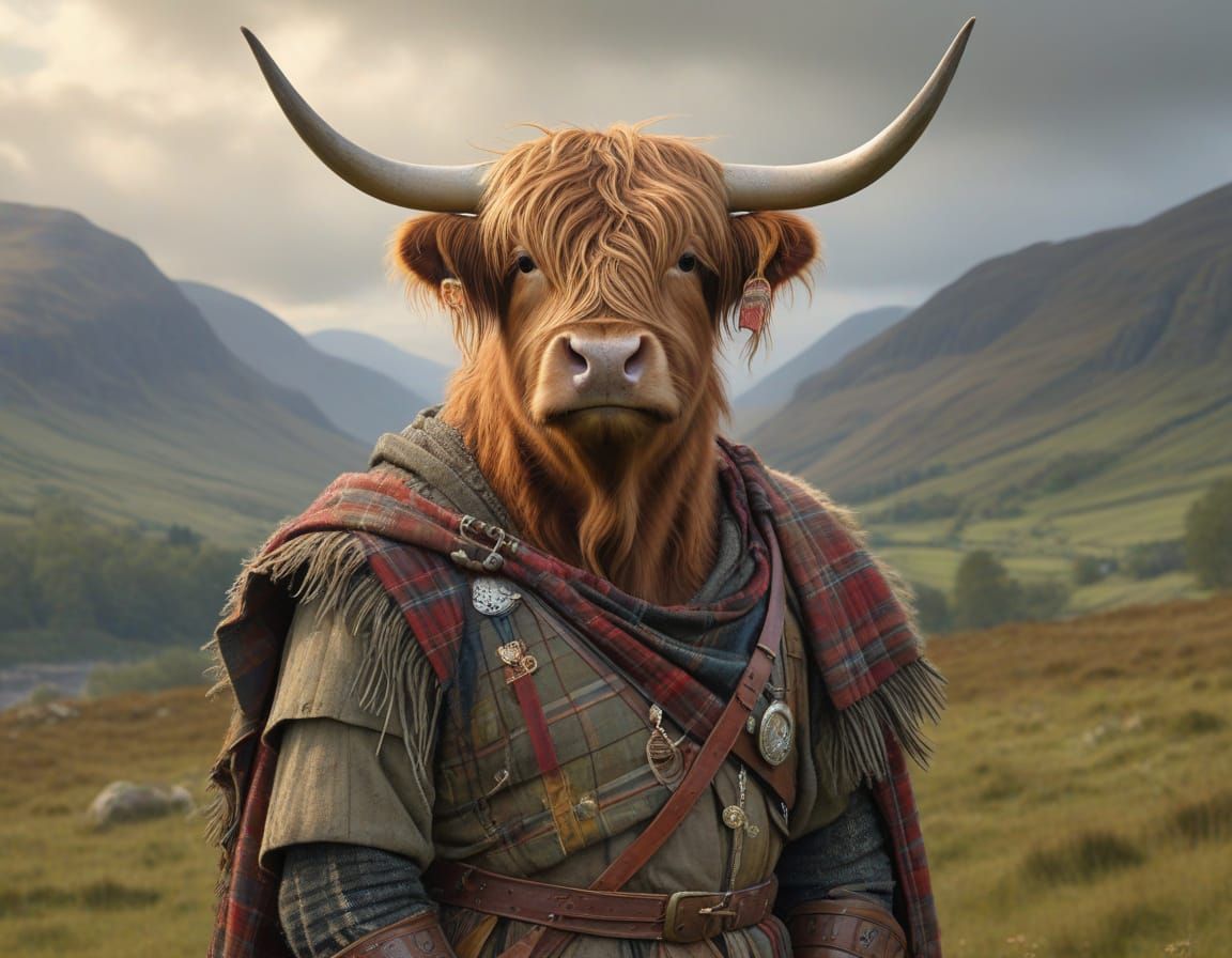 Highland Cow as William Wallace in Braveheart, Hand Drawn Ar...