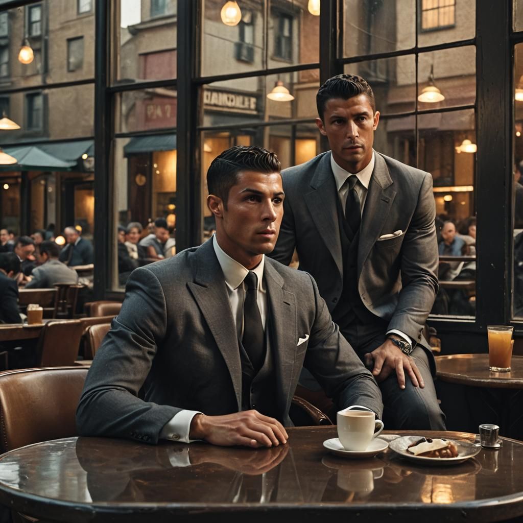 Ronaldo and Sandler in 1930s Cafe: Cinematic Film Still