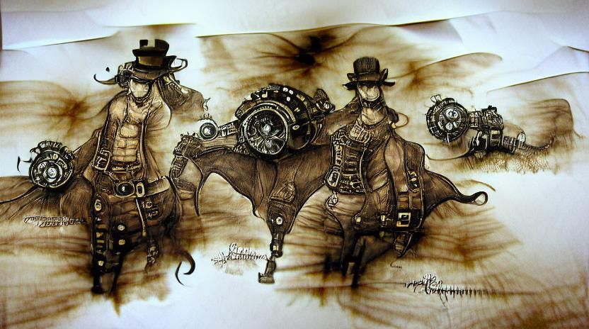 Steampunk Cowboy in Detailed Ink Drawing