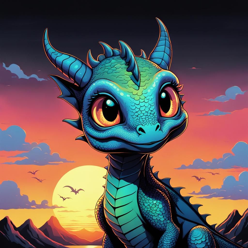 Cute Dragon in Cartoon Style Against Sunrise