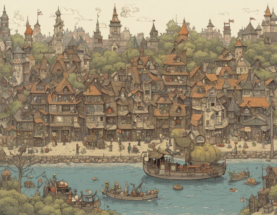 Whimsical Village Scene in Folk Art Style