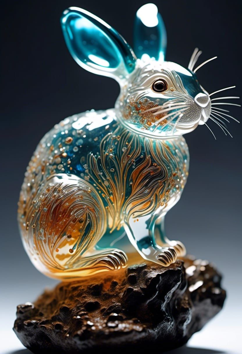 Intricate Glass Rabbit Sculpture on Rock