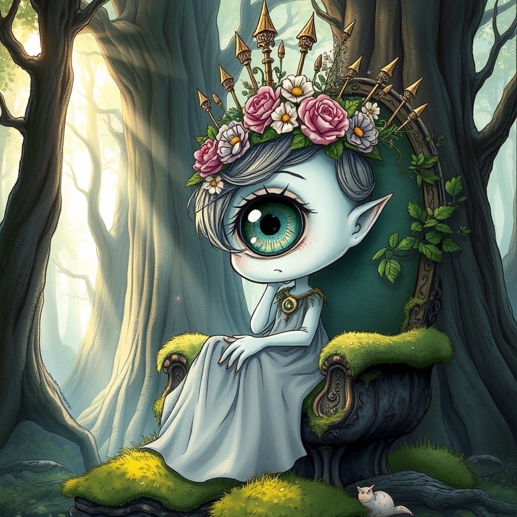 Cyclops Princess on Moss Throne in Enchanted Forest
