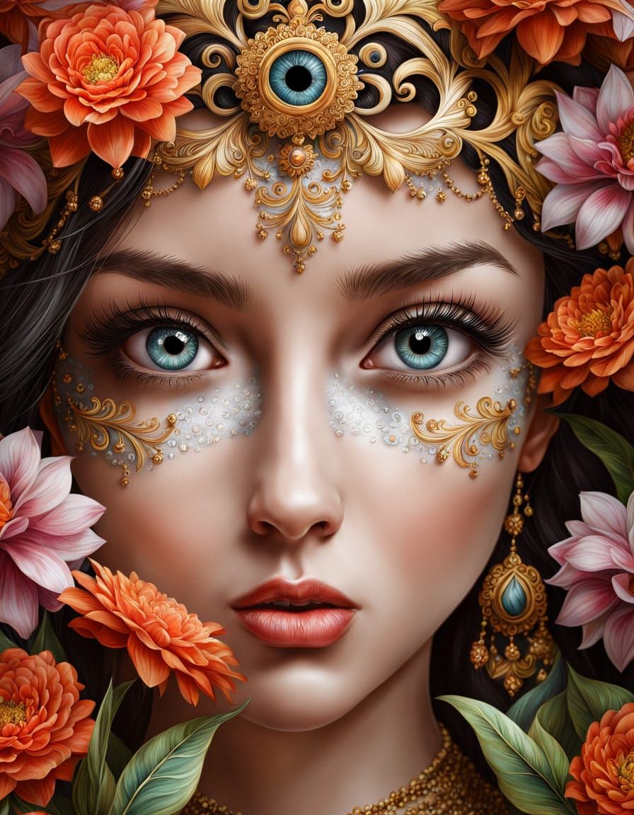 Whimsical Fantasy Portrait with Intricate Floral Details