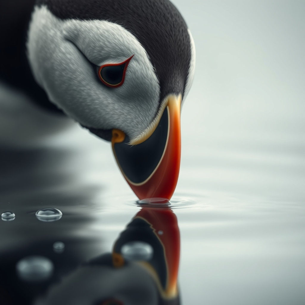 Puffin Gazing at Reflection in Monochromatic Film Still