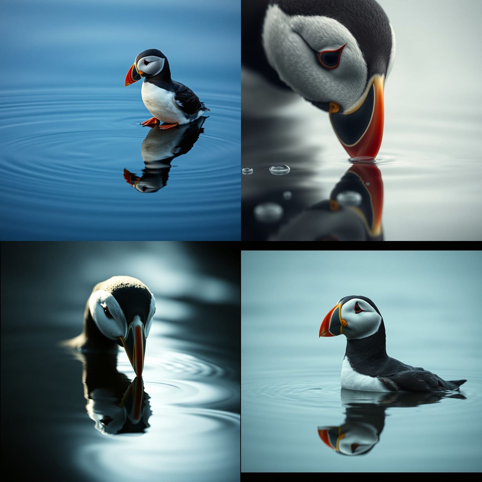 Monochrome Puffin Gazing at Reflection in Water