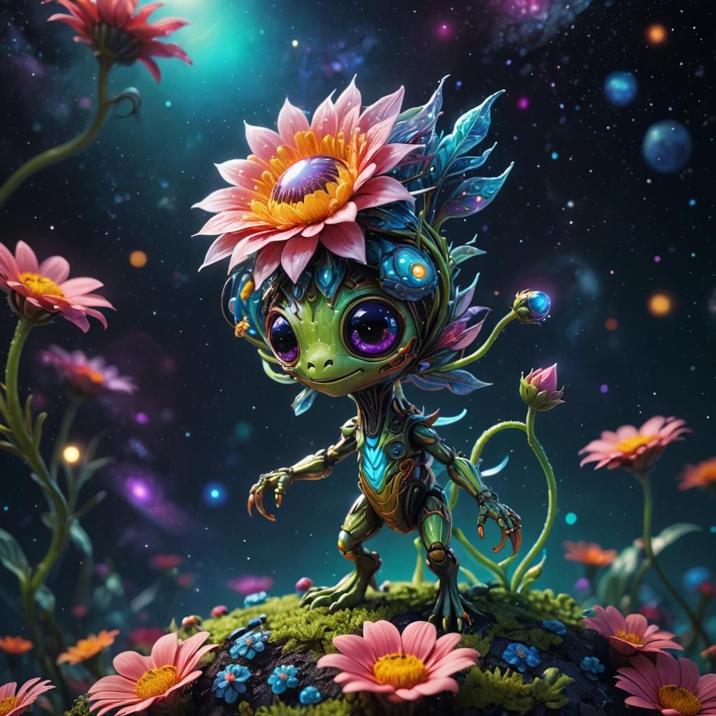 Cute Alien Flower Creature in Vibrant Galactic Space