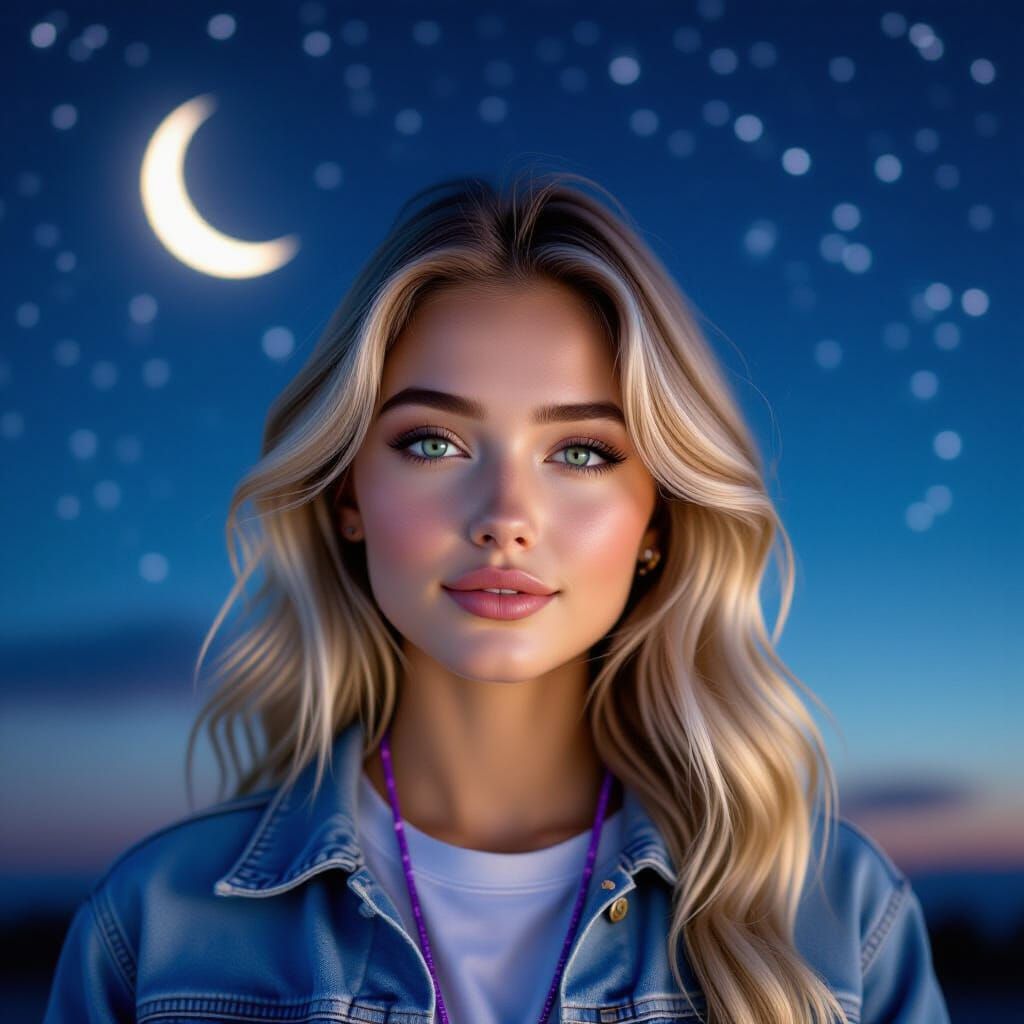 Woman with Blonde Hair and Green Eyes in Denim Jacket Under ...