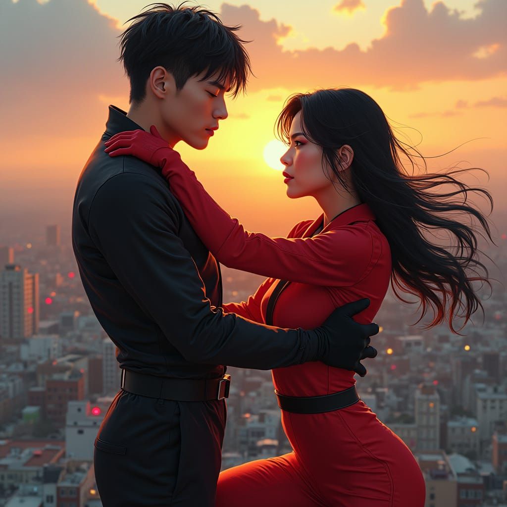 Asian Assassins Sparring on City Rooftops: Vibrant Art