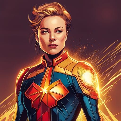 Captain Marvel with Golden Outlines, Digital Art