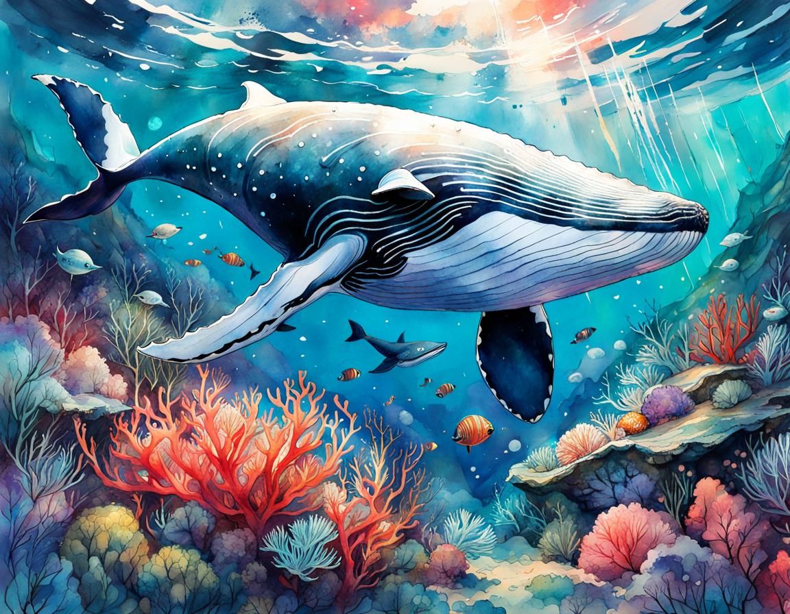 Whale in Arctic Coral Reef Watercolor Illustration