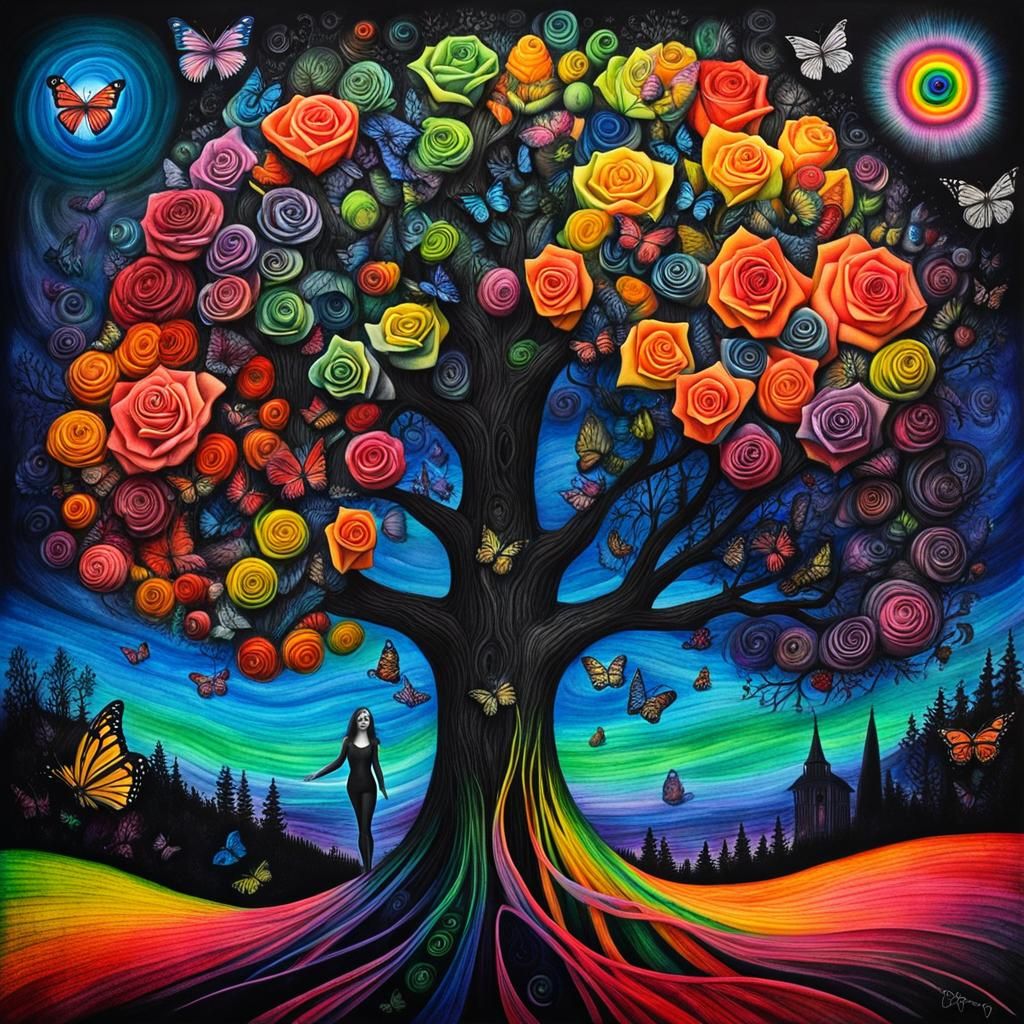 Surreal Crayon Drawing of Goth Woman with Fairy