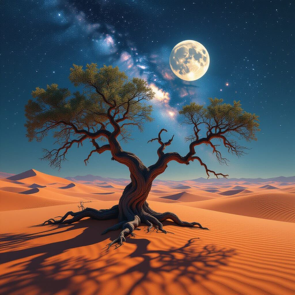 Ancient Alien Tree Under Nebula Sky With Twin Moons