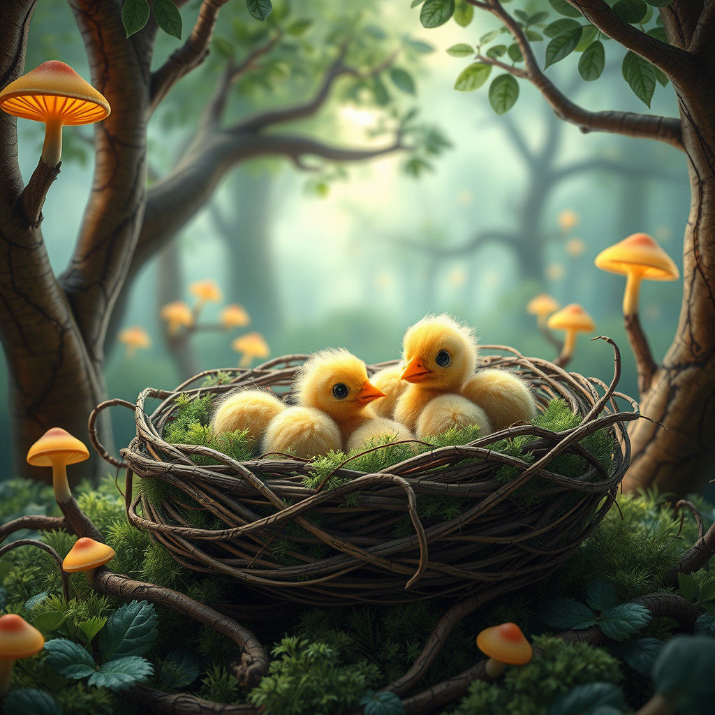 Chicks Hatching in Enchanted Forest, Digital Art