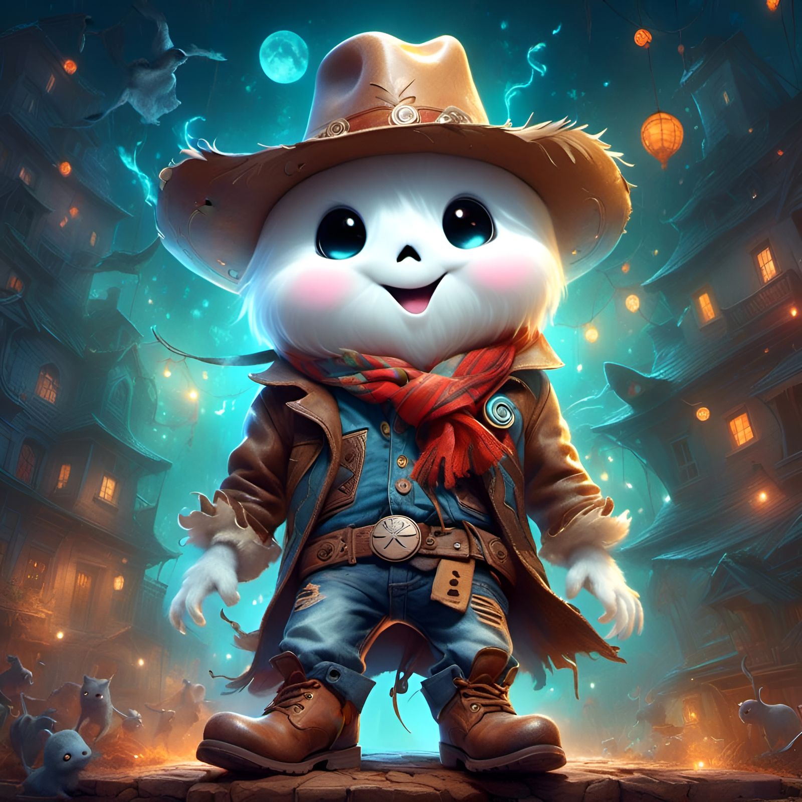 Adorable Ghost Cowboy Portrait in Cartoon Style