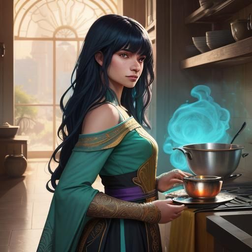 Manhwa Character in Kitchen, Hyper-Realistic Digital Art