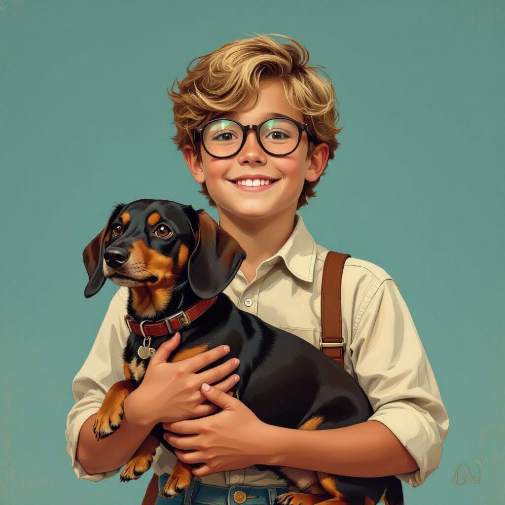 Boy and Dachshund in Rockwell-Inspired Digital Art