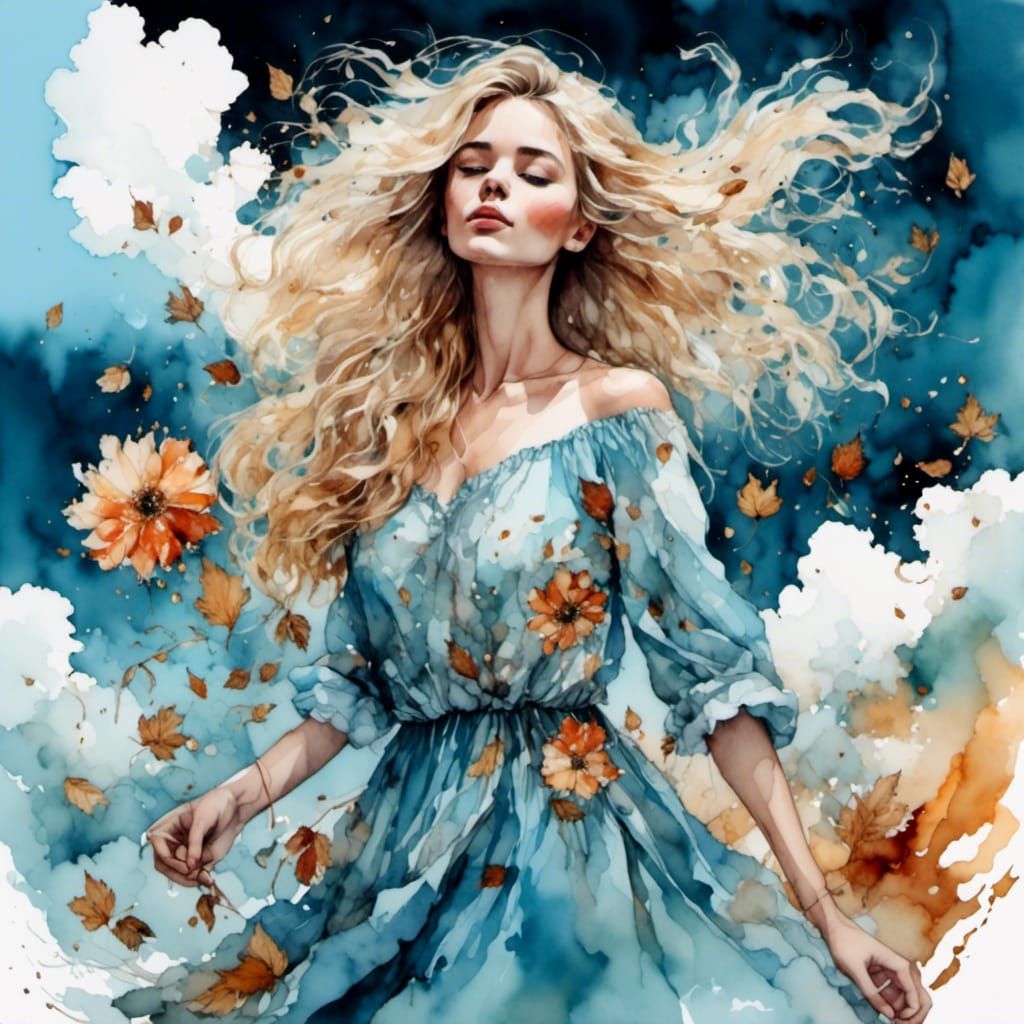Blonde Woman with Autumn Flowers in Alcohol-Ink Style
