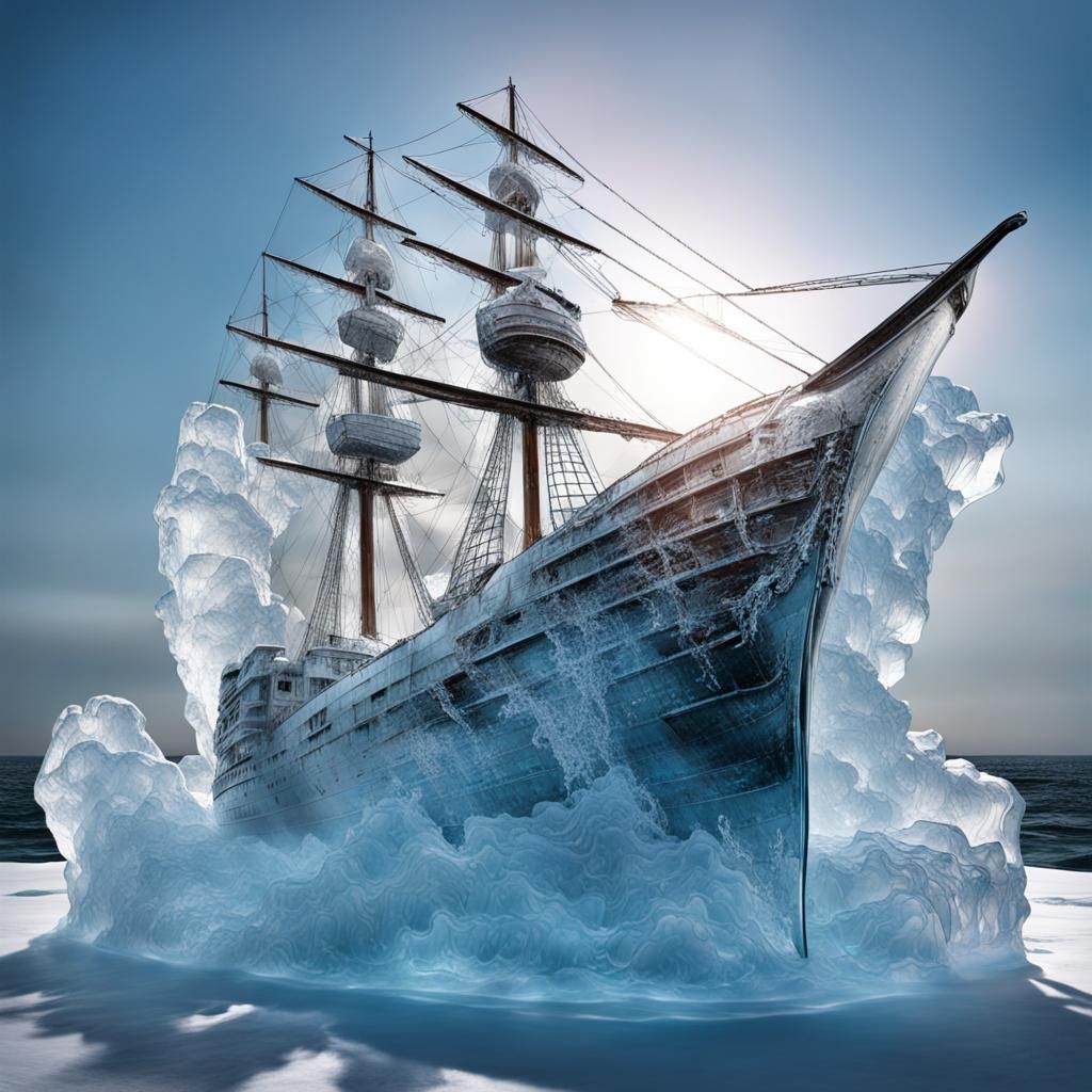 Hyperrealistic Ice Ship Sculpture at Sea