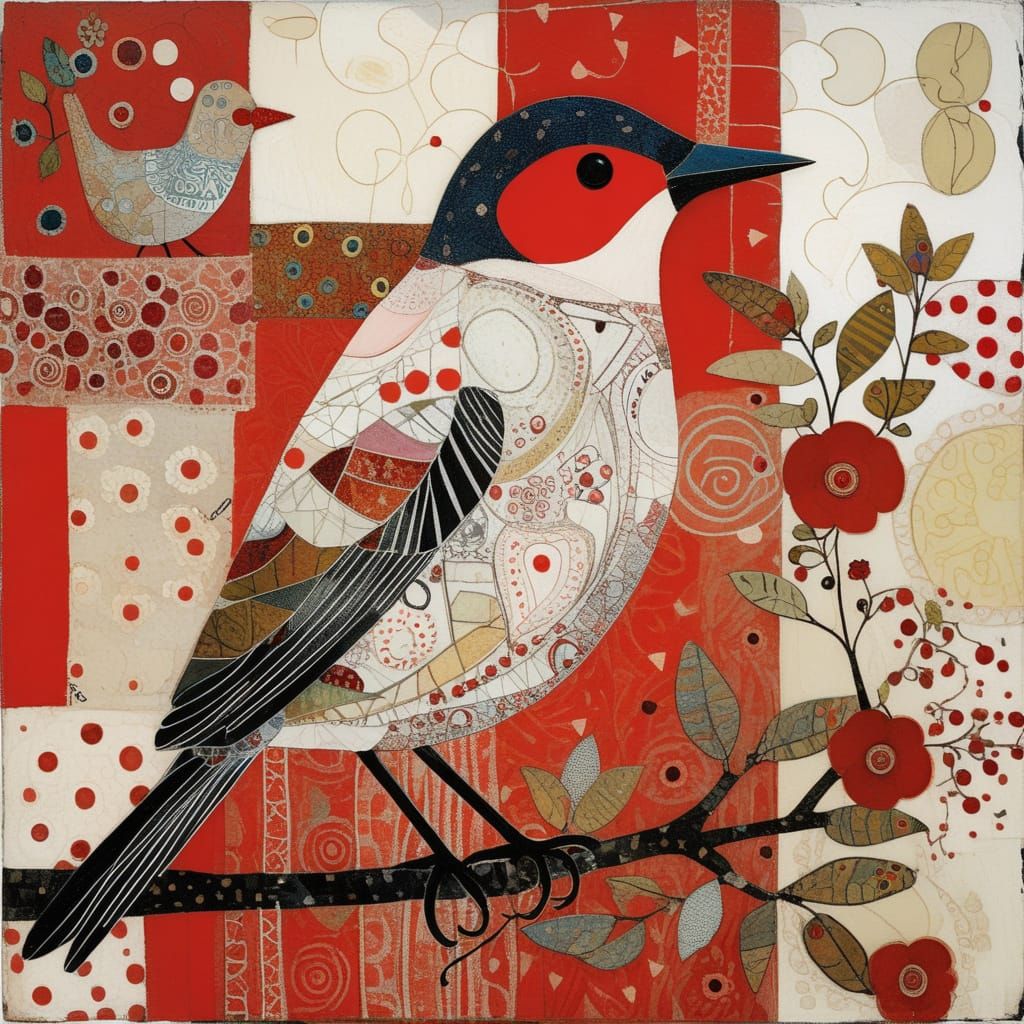 Vibrant Bird Collage by Klimt, Chausheva, and Finster Styles