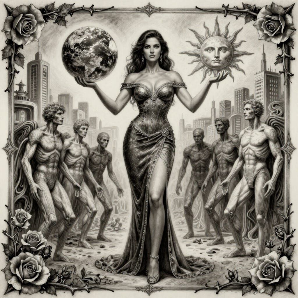 Goddess Holds Earth and Sun in Futuristic City